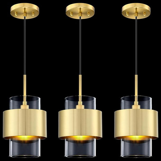 3 Pack 1 Light Hanging Indoor Kitchen Island 6" Drum Clear Glass Shade Pendant Ceiling Light Fixtures,Brushed Bronze Finish Modern Farmhouse Dinning Over Sink
