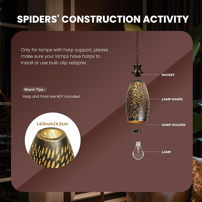 Pendant Light Shade Replacement, Metal Lampshade with 1-5/8" Fitter, 7.8" Height and 4.7" Diameter Etched Hollowed Lamp Shade, Antique Bronze Oval Shaped Cover for Chandelier Pendant Light Wall Lamp