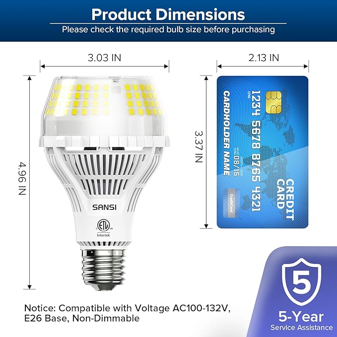 SANSI 250W Equivalent LED Light Bulb, 4000 Lumens Super Bright LED Light Bulb, E26 A21 5000K Daylight Led Light Bulbs Non-Dimmable, 22-Year Lifetime, 2 Pack 27W Energy Saving LED Bulb for Home Garage