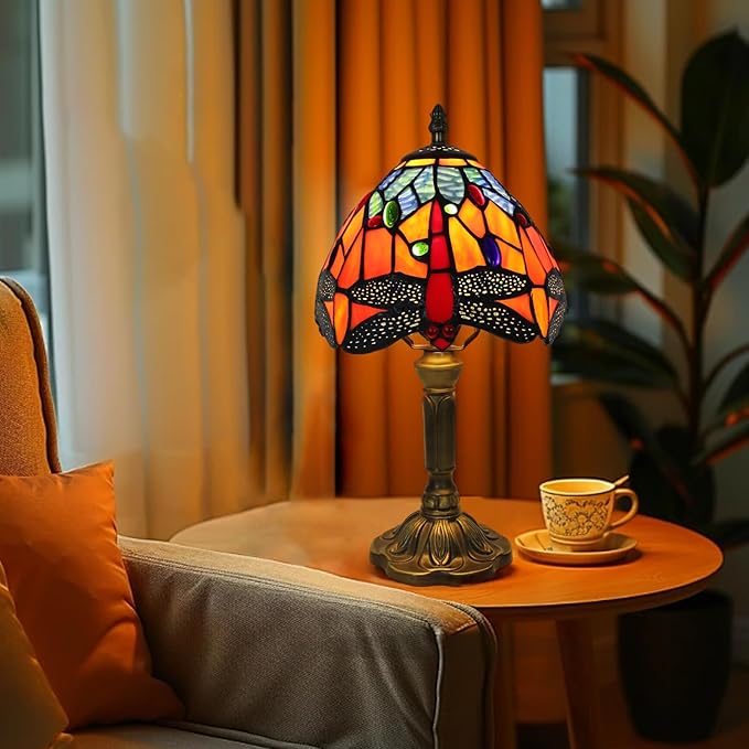 8 inch Dragonfly Stained Glass Style Table lamp Vintage Small Blue Orange Multi-Colored Shade Light Home livingroom Bedroom Bedside Light Desk Decor Decoration 14.6" Tall