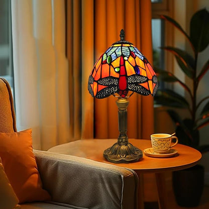 8 inch Dragonfly Stained Glass Style Table lamp Vintage Small Blue Orange Multi-Colored Shade Light Home livingroom Bedroom Bedside Light Desk Decor Decoration 14.6" Tall