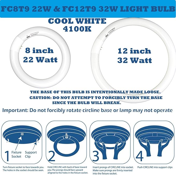FC8T9/CW 22W and FC12T9/CW 32W Cool White Round Fluorescent Light Bulb Set, 8 inch T9 22 Watts & 12 inch 32 Watts Circular Bulbs Pack, Circline Kitchen and Bath Light Bulbs, CRI 80, 4100K, G10q Prong