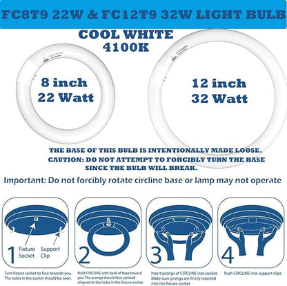 FC8T9/CW 22W and FC12T9/CW 32W Cool White Round Fluorescent Light Bulb Set, 8 inch T9 22 Watts & 12 inch 32 Watts Circular Bulbs Pack, Circline Kitchen and Bath Light Bulbs, CRI 80, 4100K, G10q Prong