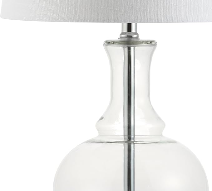 JONATHAN Y JYL1068B-SET2 25" Clear Glass Table Lamp Set of 2 for Living Room Bedroom, Contemporary Glam Bedside Nightstand Lamps with White Linen Drum Shade and Chrome Base, LED Bulbs Included