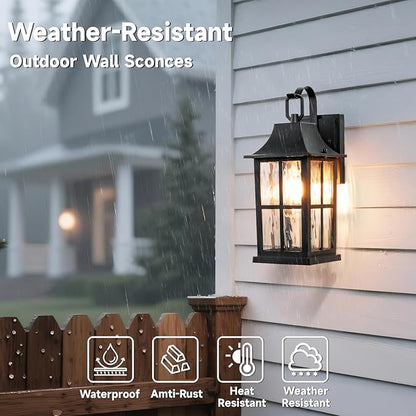 Outdoor Wall Light fixtures, Black Outdoor sconces Set of 2，Aluminum -Waterproof Exterior Sconces with Water Pattern Glass，13 inch Farmhouse Sconces Lantern for Front Door, Garage