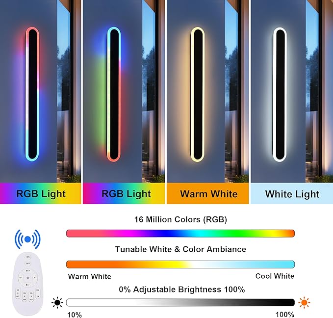 TODOLUZ 2-Pack 48-Inch RGB Dimmable Outdoor Wall Sconce Lighting, IP65 Waterproof 30W Exterior Long Linear Porch Wall Light Fixture with Remote Control