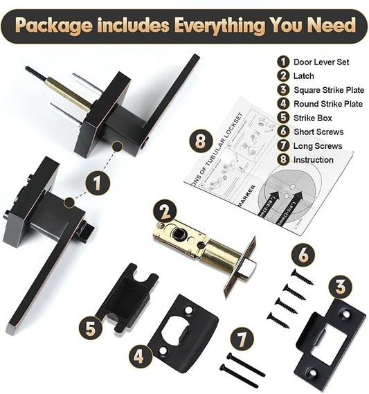 Privacy Door Levers, 2 Pack Oil Rubbed Bronze Door Handles Interior Heavy Duty Bed and Bath Keyless Door Locksets, Reversible for Left Right Handed Doors