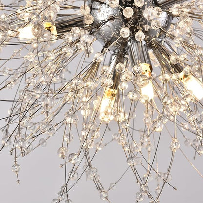 Modern Dandelion Chrome Chandelier, 9 Lights Firework Crystal Chandeliers for Entryway, Sputnik Crystal Pendant Ceiling Light Fixture for Hallway, Dining Room