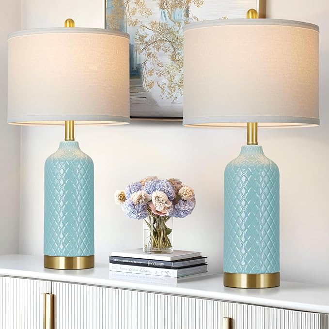26“ Aqua Blue Ceramic Table Lamps Set of 2, Coastal Ceramic Lamps for Bedroom, Modern Bedside Lamp for Living Room, Elegant Farmhouse Nightstand Lamp for Desk Side End Table Home Decor