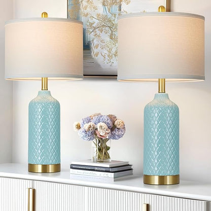 26“ Aqua Blue Ceramic Table Lamps Set of 2, Coastal Ceramic Lamps for Bedroom, Modern Bedside Lamp for Living Room, Elegant Farmhouse Nightstand Lamp for Desk Side End Table Home Decor