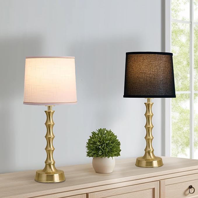 24" Gold Bamboo Table Lamps Set of 2 with Black Shade, Modern Small Nightstand & End Table Lights for Bedroom & Living Room