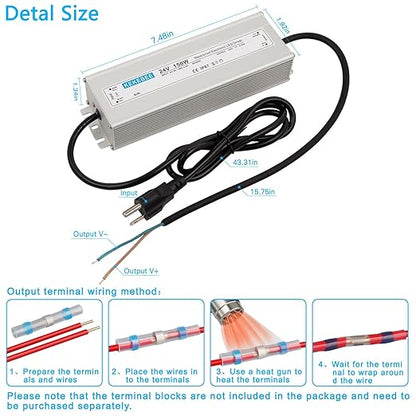 LED Driver 24V150W Waterproof IP67 Power Transformer AC90-130V to DC 24V6.25A Low Voltage Switching Power Supply with 3-pin US Standard Plug for Indoor and Outdoor LED Light Bars