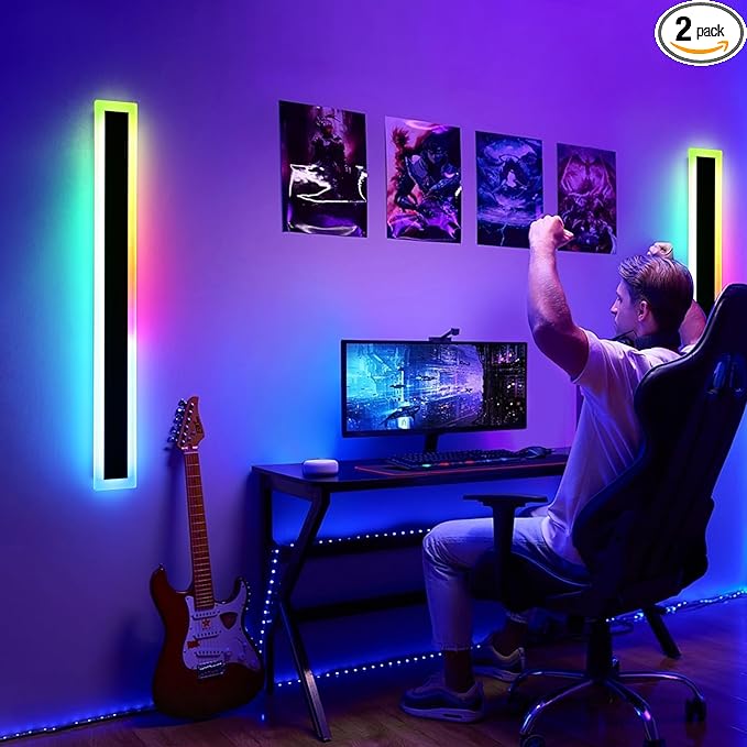 Mikeru Upgraded Widened RGB Long LED Wall Lights, 2Pack 39.3inch Outdoor Sconces RGB/Warm/White Dimmable Outdoor Wall Lights Exterior Front Porch Light Ip65 Waterproof Wall Sconce with Remote Control