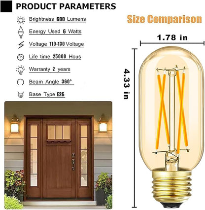 Leools E26 LED Bulb 6W Equivalent E26 Bulb 60 watt Warm White 2700K Amber E26 Edison Bulb dimmable AC120V 600lm Tubular T14 T45 LED Bulb for Pendant, Sputnik,Vanity,Wall sconces Pack of 6