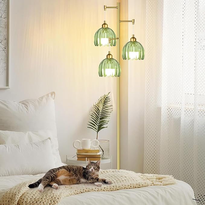 Glass Floor Lamp for Living Room,Bedroom,Gold Mid Century Modern Standing Lamp Brass Tree 3 Light Tall Floor Lamps Vintage Retro Floor Lights Green Flower Lamp Shade Farmhouse Boho Bohemian