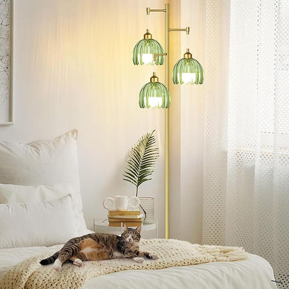 Glass Floor Lamp for Living Room,Bedroom,Gold Mid Century Modern Standing Lamp Brass Tree 3 Light Tall Floor Lamps Vintage Retro Floor Lights Green Flower Lamp Shade Farmhouse Boho Bohemian