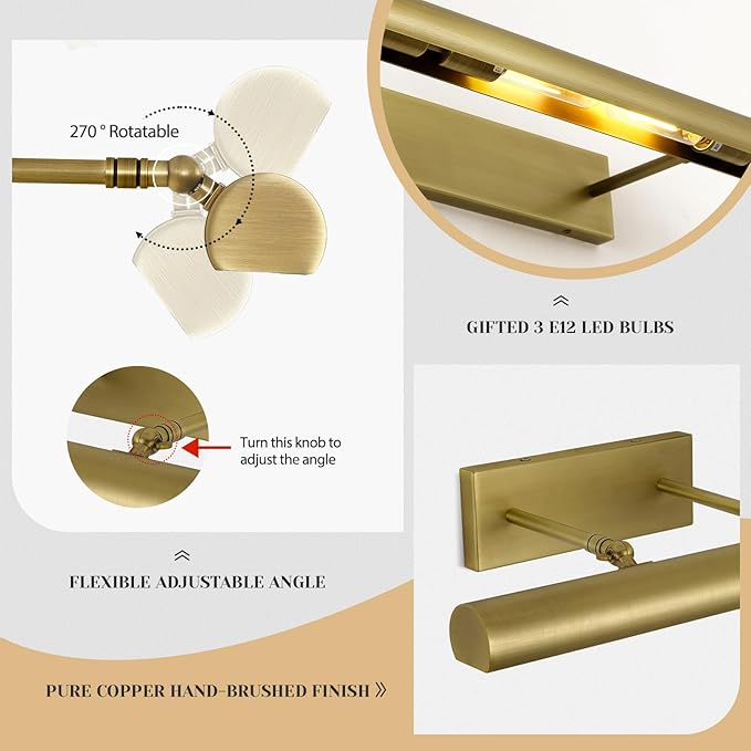 Brass Picture Lights for Wall, 24" Linear Picture Light Hardwired, 3-Light Brush Gold Art Light, Warm White 2700k Dimmable Picture Lamp, 270° Picture Frame Light for Bathroom, Living Room, Hallway