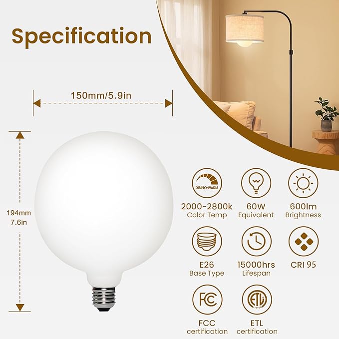 LED Large Globe Oversized Bulb D5.9' G47/ G150 7W=60W E26 Dim to Warm 2000K-2800K High Color Accuracy CRI95 Flick-Free Matt Opal Porcelain White 600LM (1-Pack)