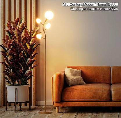Fiqevs 4 Globe Floor Lamp with 2700K Warm Light LED Bulbs Included, Mid Century Modern Tree Standing Lamp with Frosted Glass Shade, Arc Torch Tall Lamp for Living Room, Bedroom, Office, Antique Brass