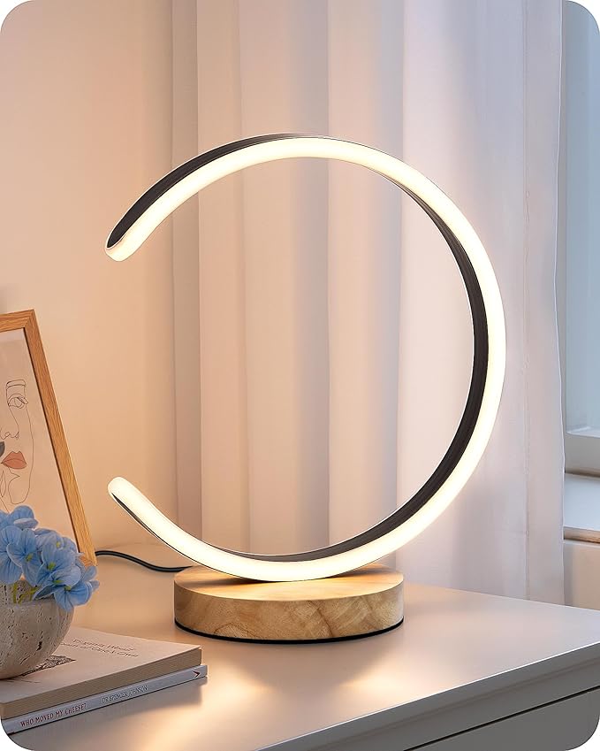 EDISHINE LED Table Lamp, C-Shaped Modern Lamps for Nightstand with 3 Color Temperature & Dimming, Upgraded Switch, Silicone Lampshade & Solid Wood Base, Bedside Lamp for Living Room, Bedroom, Black