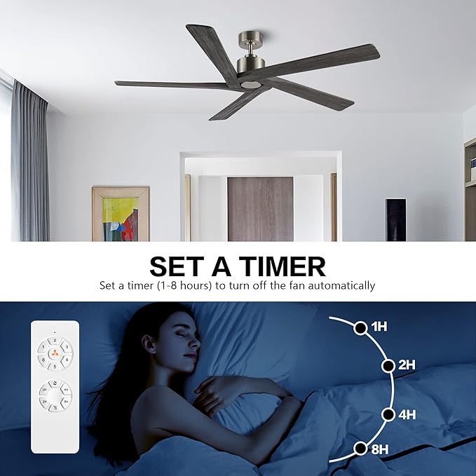 WINGBO 72 Inch DC Ceiling Fan No Light with 3 Downrods, 5 Reversible Carved Solid Wood Blades, 6-Speed Noiseless DC Motor, Large Ceiling Fan without Lights in Brushed Nickel Finish with Gray Blades