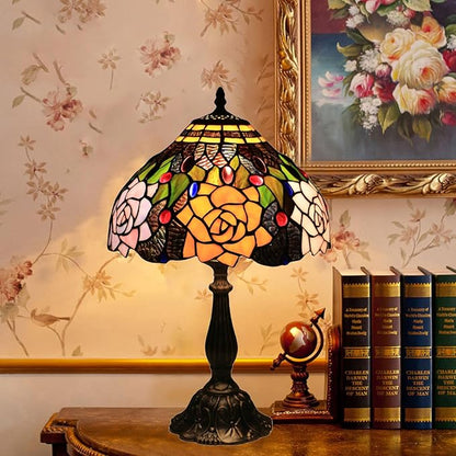 Tiffany Style Table Lamp, 12 Inch Stained Glass Lamp, Antique Table Lamp, Bedside Lamp, for Nightstand Bedroom Living Room Home Office, Rose Flower Pattern, Include LED Bulb
