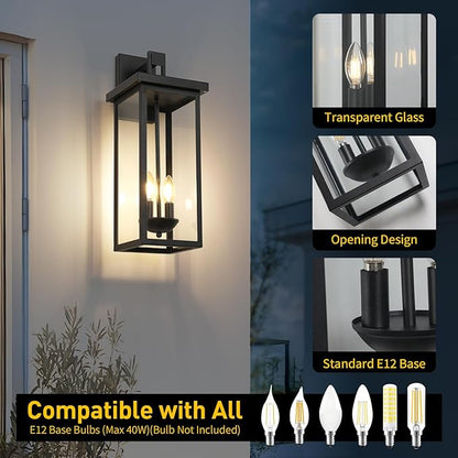 tewei 2 Pack Large Size Outdoor Wall Lantern Exterior Wall Light Fixture, 22 Inch Matte Black Porch Light Waterproof Outdoor Lights for House with Clear Glass Shade, E12 Exterior Sconces for Garage