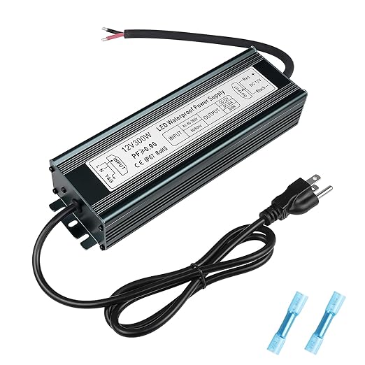inShareplus 12V 300W Power Supply, AC 80-265V to DC 12 Volt 25A IP67 Waterproof LED Power Supply, Low Voltage Transformer, Outdoor Driver with 3-Prong Plug 3.3 Feet Cable for LED Light, Outdoor Use