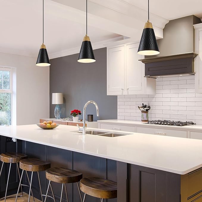 Dijiahua Black Kitchen Pendant Lighting Over Island 3 Pack,Small Modern Farmhouse Chandeliers with Hammered Metal Cone Shade,Mini Industrial Adjustable Cord Hanging Ceiling Lamp Fixtures Over Sink