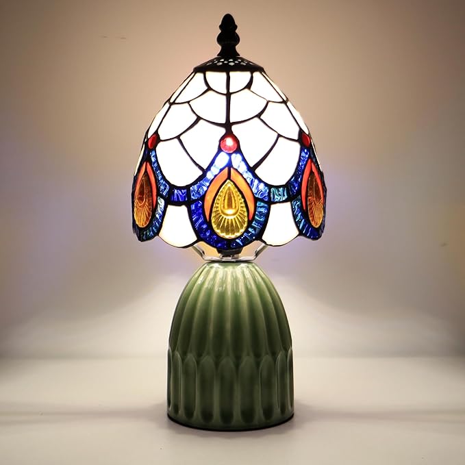 Tiffany Lamp Stained Glass Mushroom Table Lamps 6X6X12.5 Inch Pink Peacock Tail Style Small Night Light Ceramic Base Mini Accent Desk Light Suitable for Bedside Table Bedroom Children Room