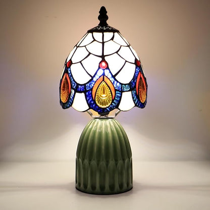 Tiffany Lamp Stained Glass Mushroom Table Lamps 6X6X12.5 Inch Pink Peacock Tail Style Small Night Light Ceramic Base Mini Accent Desk Light Suitable for Bedside Table Bedroom Children Room