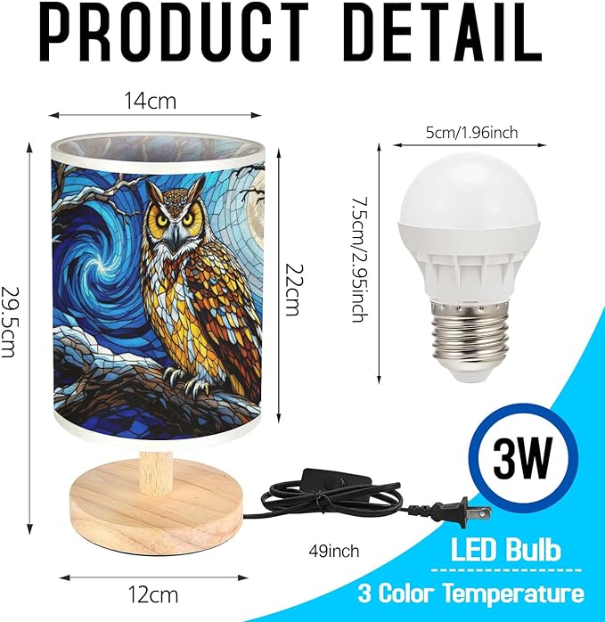 Owl Table Lamp LED 3-Color Pressed Bedside, Owl Shade Lamp with Wood Base for Bedroom Living Room Desk Office TL01