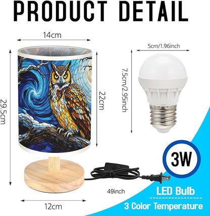 Owl Table Lamp LED 3-Color Pressed Bedside, Owl Shade Lamp with Wood Base for Bedroom Living Room Desk Office TL01