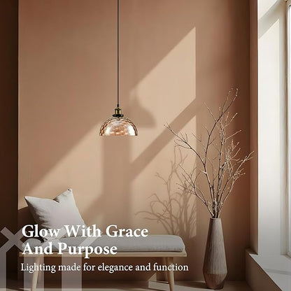 Modern Glass Pendant Light, 9.6"x4.8" Amber Ribbed Globe Light Fixture with Gold Cap, 15"-72" Adjustable Cord, E26 Socket for Dining or Lounge Areas – Sunrise Glow Bell