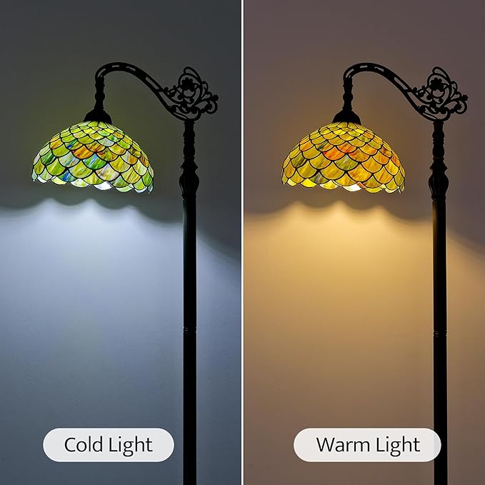 Tiffany Style Stained Glass Floor Lamp, Antique Bronze Base Standing Lamp with Green Fish Scales Shade & Gooseneck Adjustable Corner for Living Room, Bedroom, Home Office 12X18X64 Inches