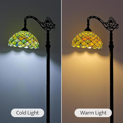 Tiffany Style Stained Glass Floor Lamp, Antique Bronze Base Standing Lamp with Green Fish Scales Shade & Gooseneck Adjustable Corner for Living Room, Bedroom, Home Office 12X18X64 Inches