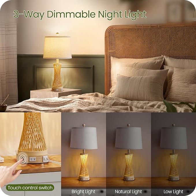 24.4”Farmhouse Rattan Table Lamps Set of 2, Touch Bedside Lamps for Bedroom with Dimmable Night Light, USB A+C Ports, Bamboo Boho Nightstand Lamp with Cream Linen Shade, C04TL05