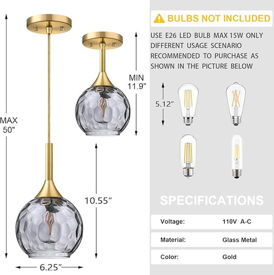 Doraimi Lighting 6.3" Gray Glass Pendant Light 3 Pack Pendant Ceiling Light Fixtures Brushed Bronze Finish Modern Farmhouse Dinning Over Sink Adjustable Height Rod