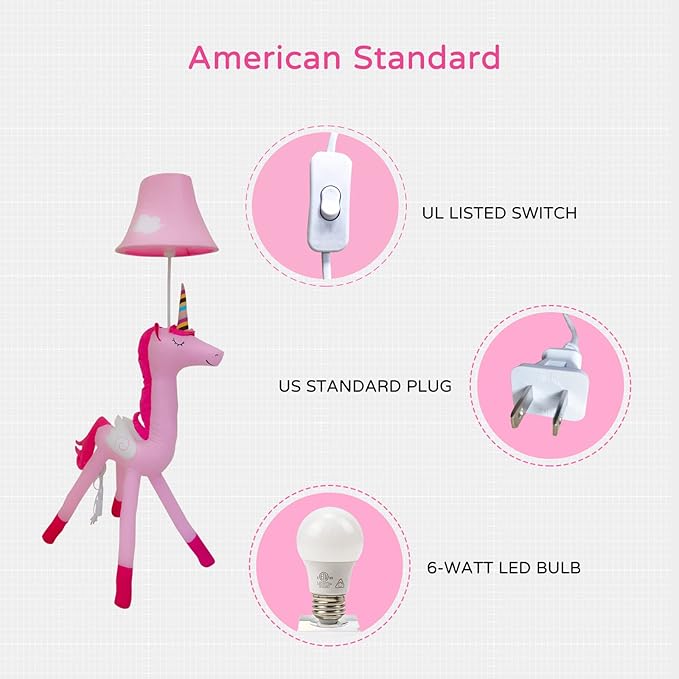 Kids Floor Lamp, 51" Pink Unicorn Standing Lamp with Hand-Stitched Toy Design, Modern Bedroom & Living Room Decor, Includes E26 LED Bulb