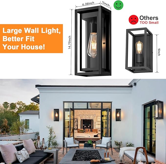 15" Large Outdoor Wall Lights, 2 Pack Matte Black Outdoor Sconces, Modern Waterproof Exterior Lighting Fixtures with Clear Glass Shade for Front Door, Porch, Garage