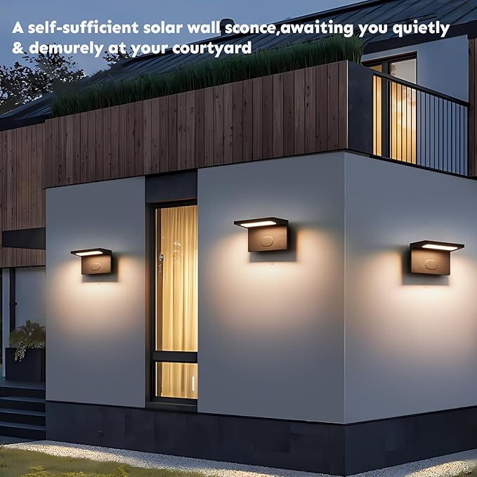 Solar Sconce Lights Outdoor Waterproof, Modern Solar Wall Lights Outdoor, Luxury Aluminum Model, Wireless Porch Patio Wall Light Fixture, Automatic Light On Off, Black