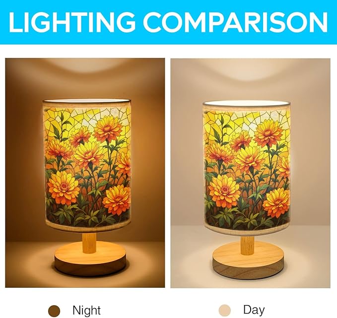 Marigold Table Lamp LED 3-Color Pressed Bedside, Marigold Shade Lamp with Wood Base for Bedroom Living Room Desk Office
