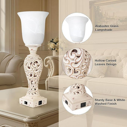 20" Bedside Lamp for Bedroom, Torchiere Table Lamp with 2 USB Charging Ports, Vintage Desk Lamp with Glass Shade, 3-Way Dimmable Bulb Included, Retro Rustic Nightstand Lamp for Living Room Entryway