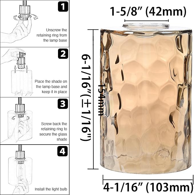 Glass Lamp Shade Replacement Globe & Cover for Light Fixture, 6-1/16" Height 4-1/16" Diameter, 1-5/8 inch Fitter, 5 Pack Amber Hammered Water Ripple Cylinder Glass Shade