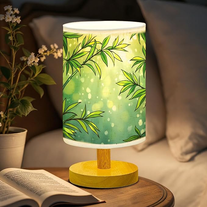 Lucky Bamboo Table Lamp LED 3-Color Pressed Bedside, Lucky Bamboo Shade Lamp with Wood Base for Bedroom Living Room Desk Office