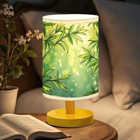 Lucky Bamboo Table Lamp LED 3-Color Pressed Bedside, Lucky Bamboo Shade Lamp with Wood Base for Bedroom Living Room Desk Office