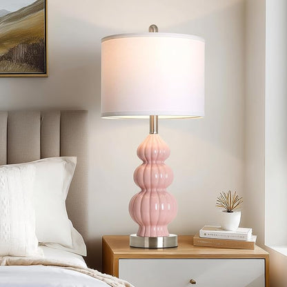 26.5" Pink Ceramic Table Lamps Set of 2, Modern Bedside Lamps for Girls Room, Triple Gourd Table Lamp for Living Room End Table or Bedroom Nightstand (2 LED Bulbs Included)