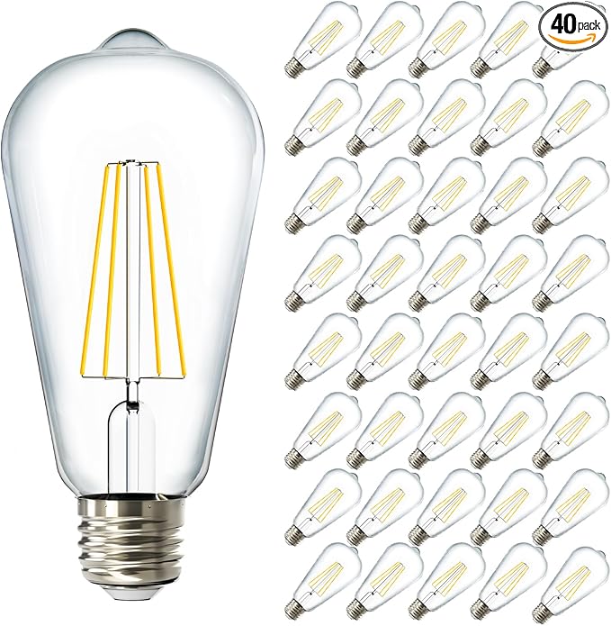 Sunco 40 Pack Edison Bulbs LED ST64, Clear Vintage Filament Waterproof Bulb, 800 LM, 8W (60W Equivalent), ST19, 4000K Cool White, E26 Medium Base, Decorative Dimmable UL