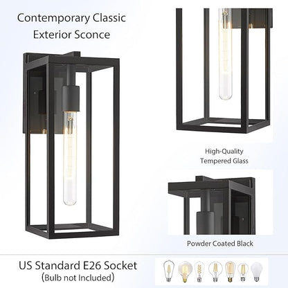Bestshared Outdoor Wall Sconce, 2-Pack 15 Inch Exterior Wall Lanterns with Clear Glass, Anti-Rust Black Porch Lights,Weather Resistant Outdoor Lights for House, Garage, Doorway, Patio, Yard,E26 Socket