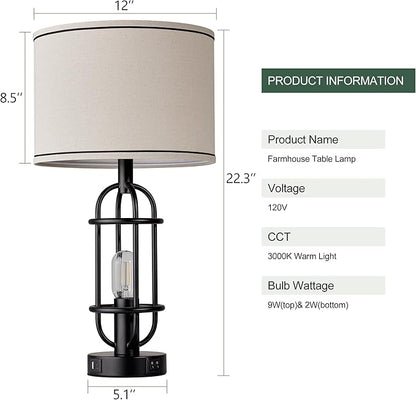 Black Table Lamps for Living Room Set of 2, 22.3" Farmhouse Lamps for Nightstand, Industrial Table Lamps for Bedroom with USB Ports, Bulbs Included